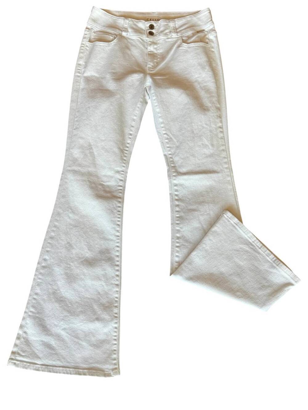 NEW CELLO women's two button mid-rise flare jeans in white